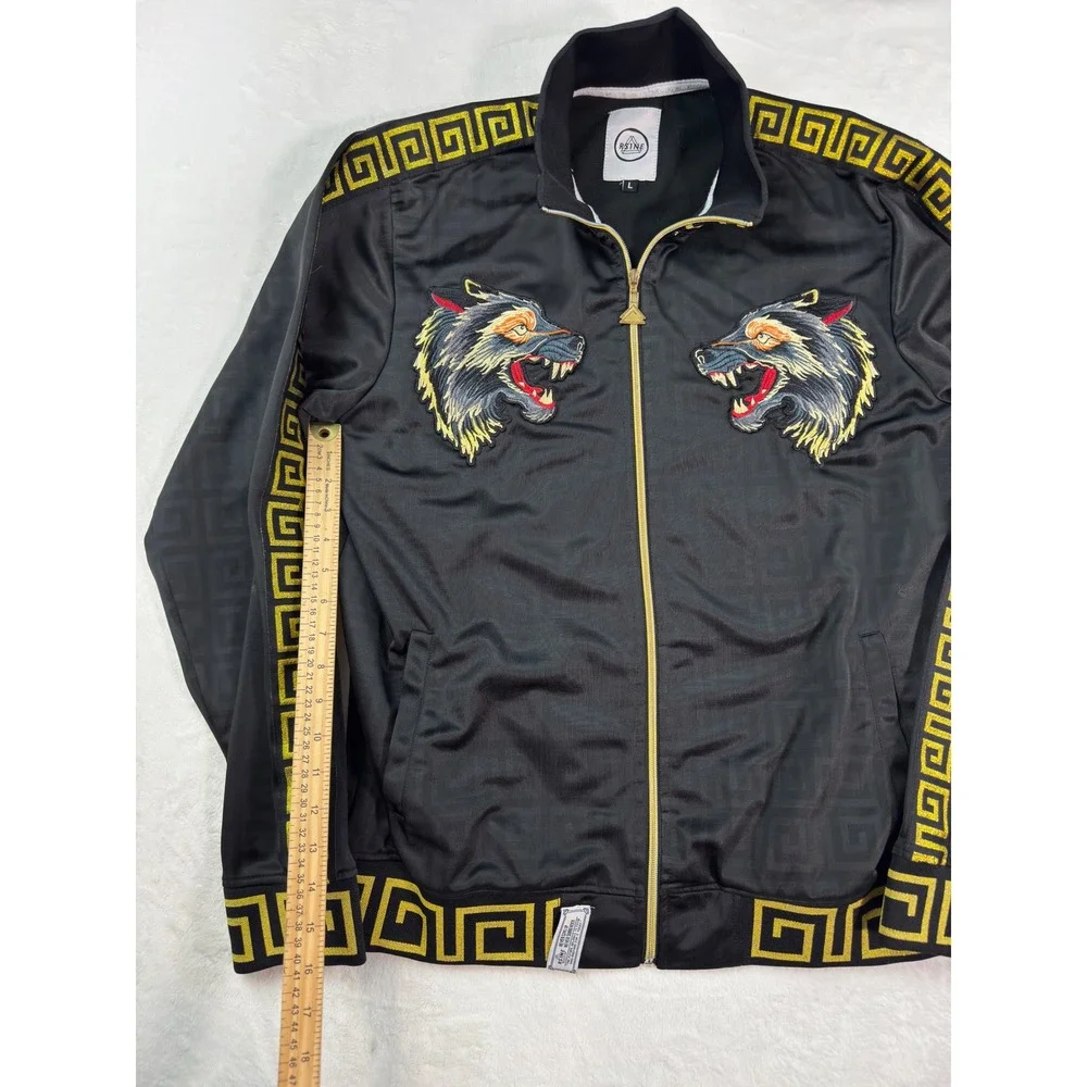 RS1NE Mens Track Jacket Black Gold Wolf Embroidered Greek Key Full Zip Large